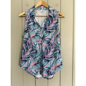 Women's Bad Birdie Tank Top XL Blue Pink Sleeveless Collar Button Stretch